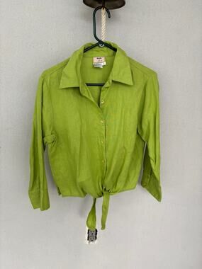 100% Linen Vintage Chartreuse Button Up Tie Front Blouse Y2K Boho Coastal Lime